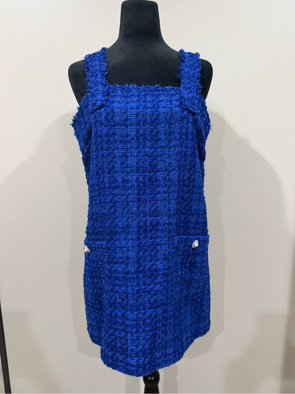 ZARA Blue Textured Tweed Pinafore Mini Dress Jeweled Pockets